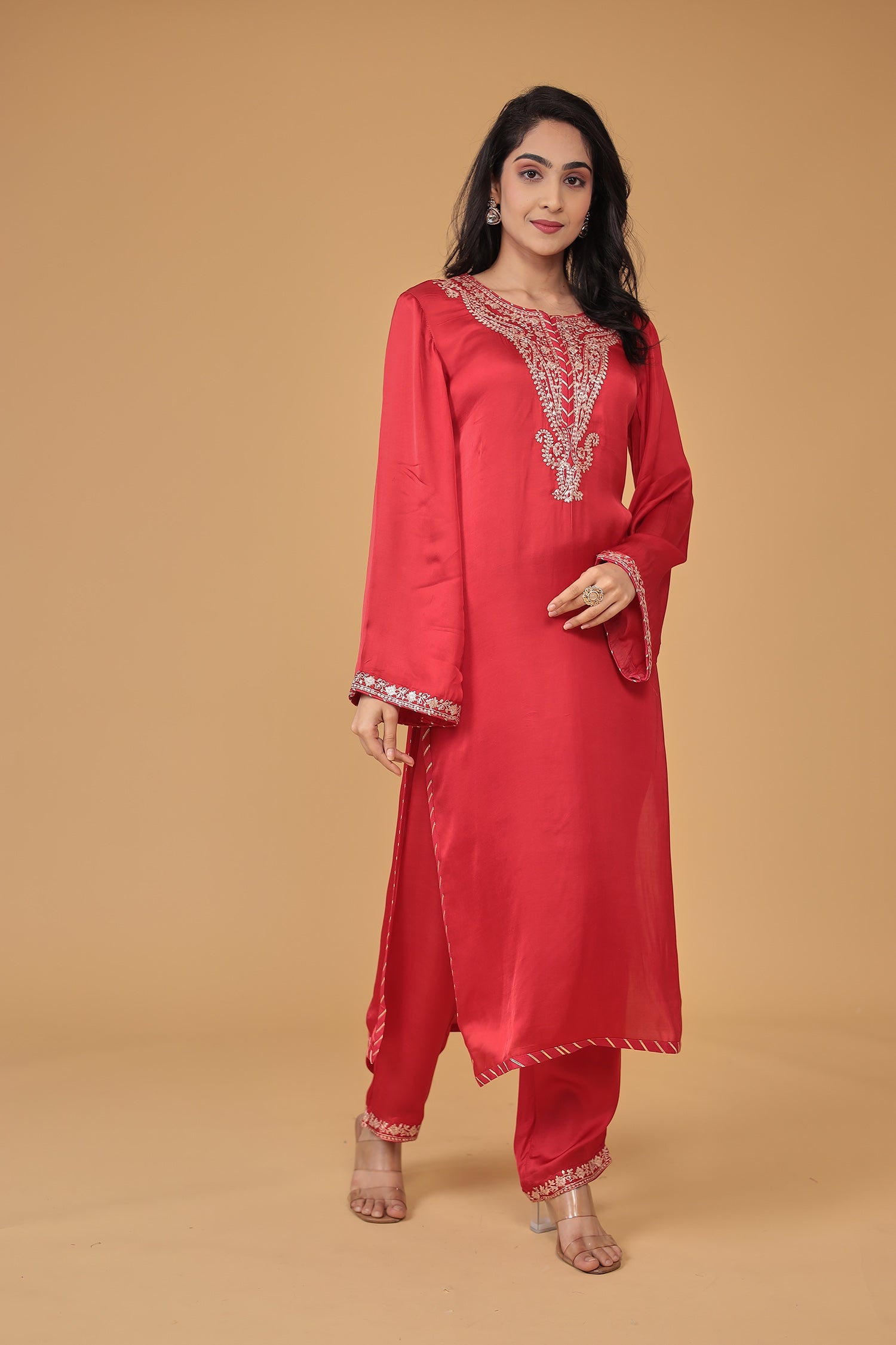 Satin Silk Suit Embroidered with Pittan work