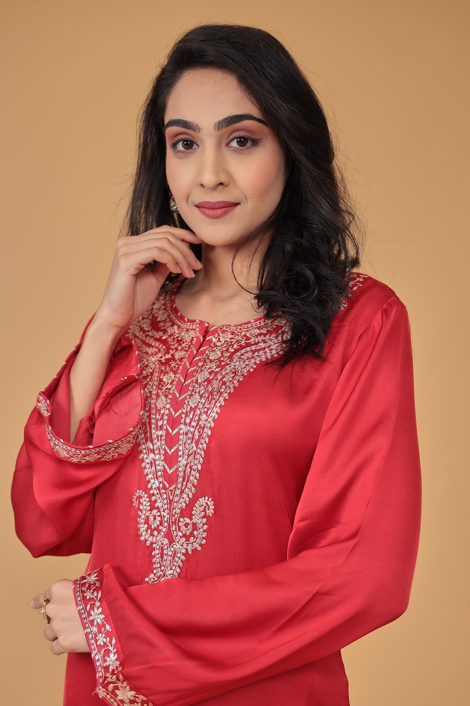 Satin Silk Suit Embroidered with Pittan work