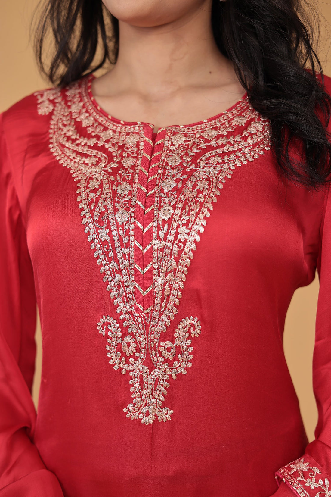 Satin Silk Suit Embroidered with Pittan work