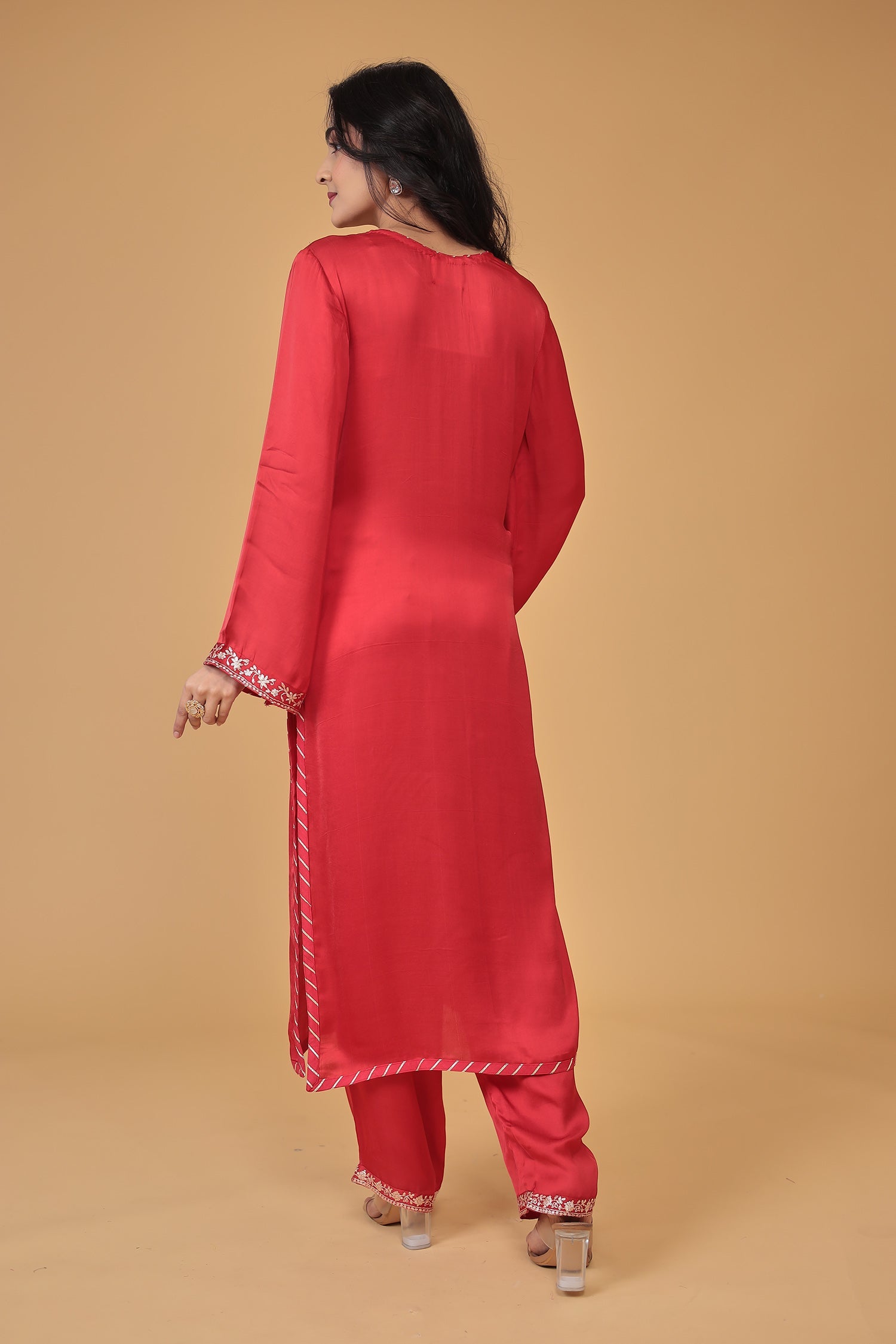 Satin Silk Suit Embroidered with Pittan work