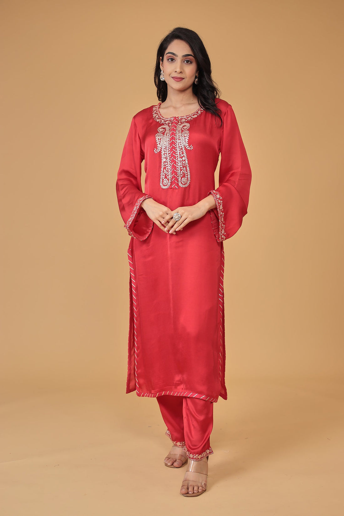 Satin Silk Suit Embroidered with Pittan work