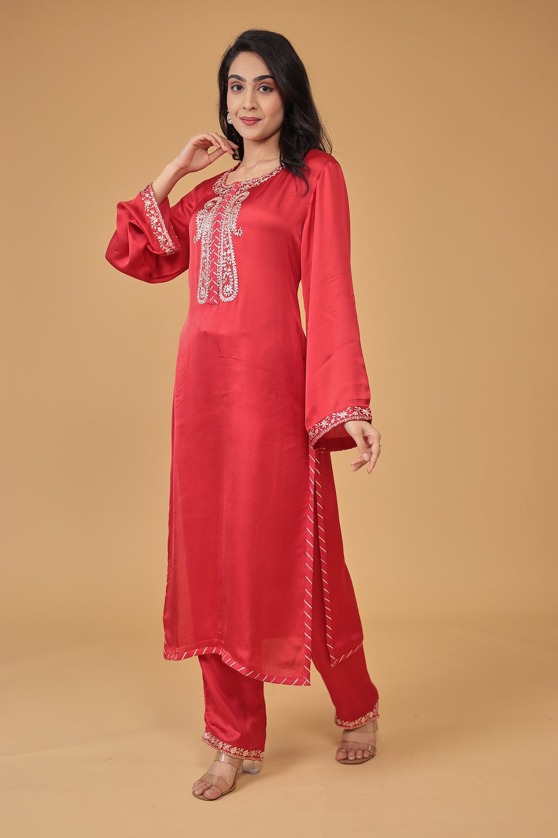 Satin Silk Suit Embroidered with Pittan work