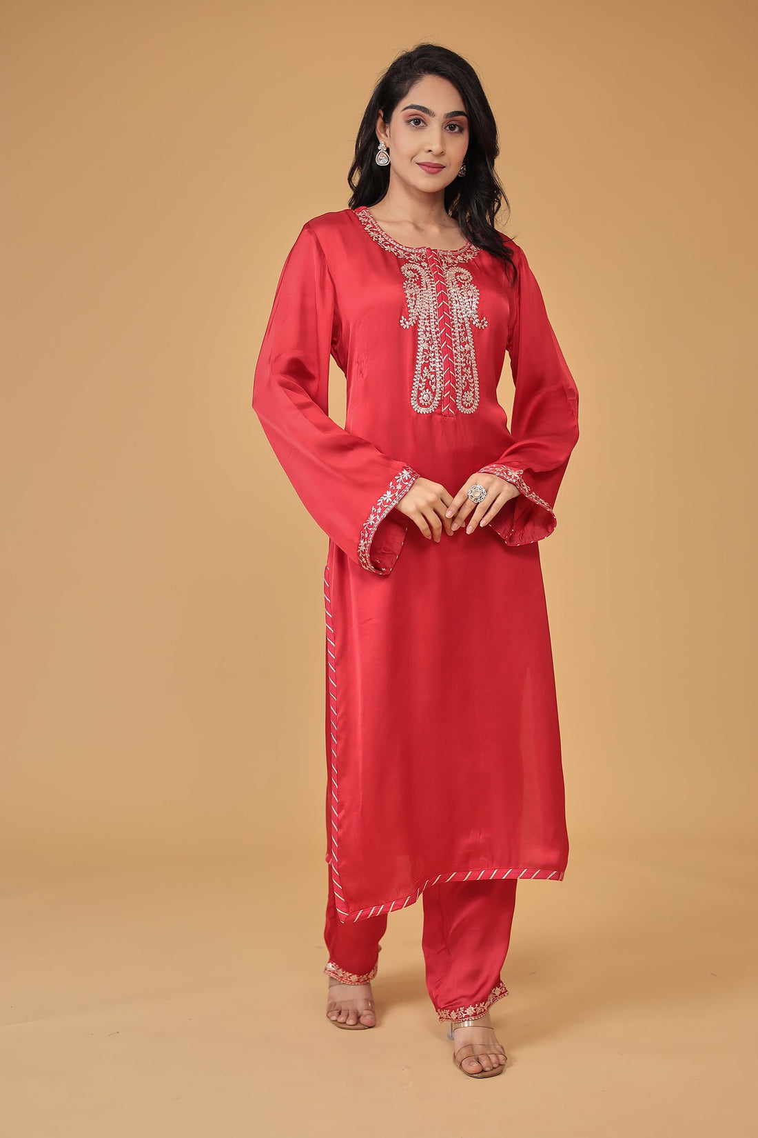 Satin Silk Suit Embroidered with Pittan work