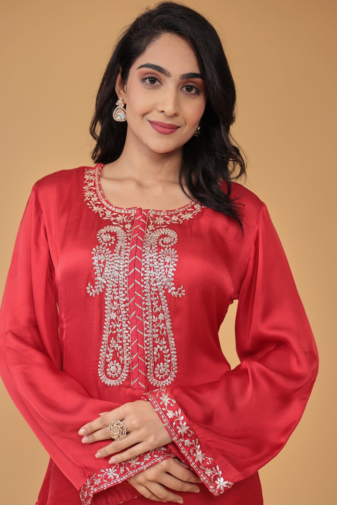Satin Silk Suit Embroidered with Pittan work