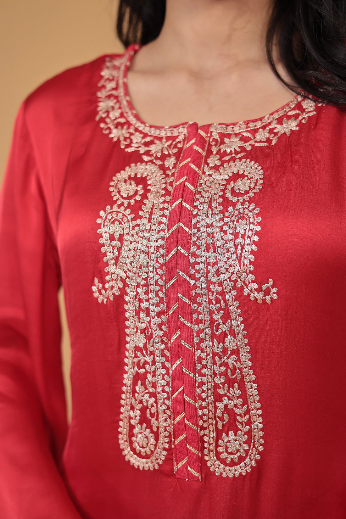 Satin Silk Suit Embroidered with Pittan work