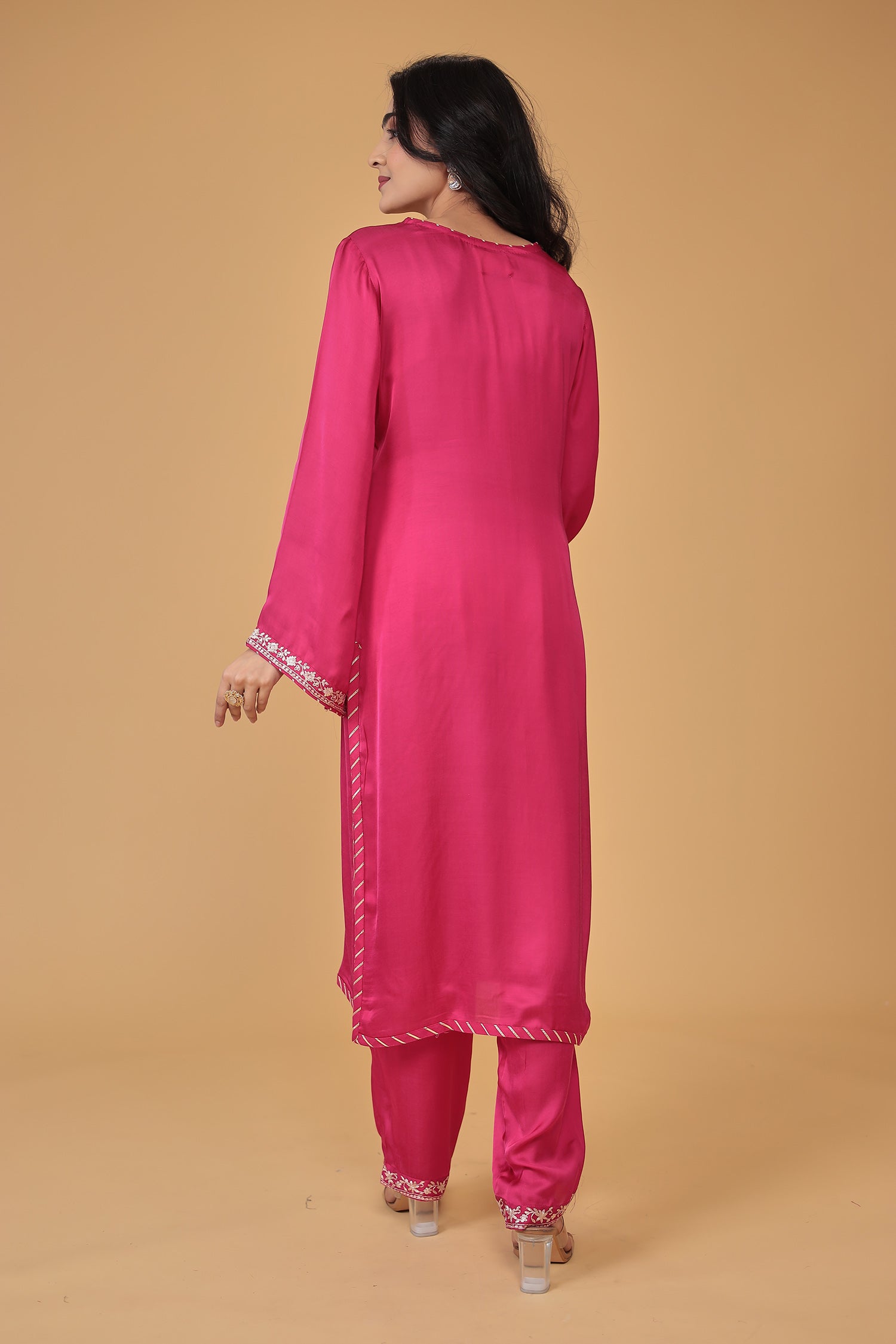 Satin Silk Suit Embroidered with Pittan work