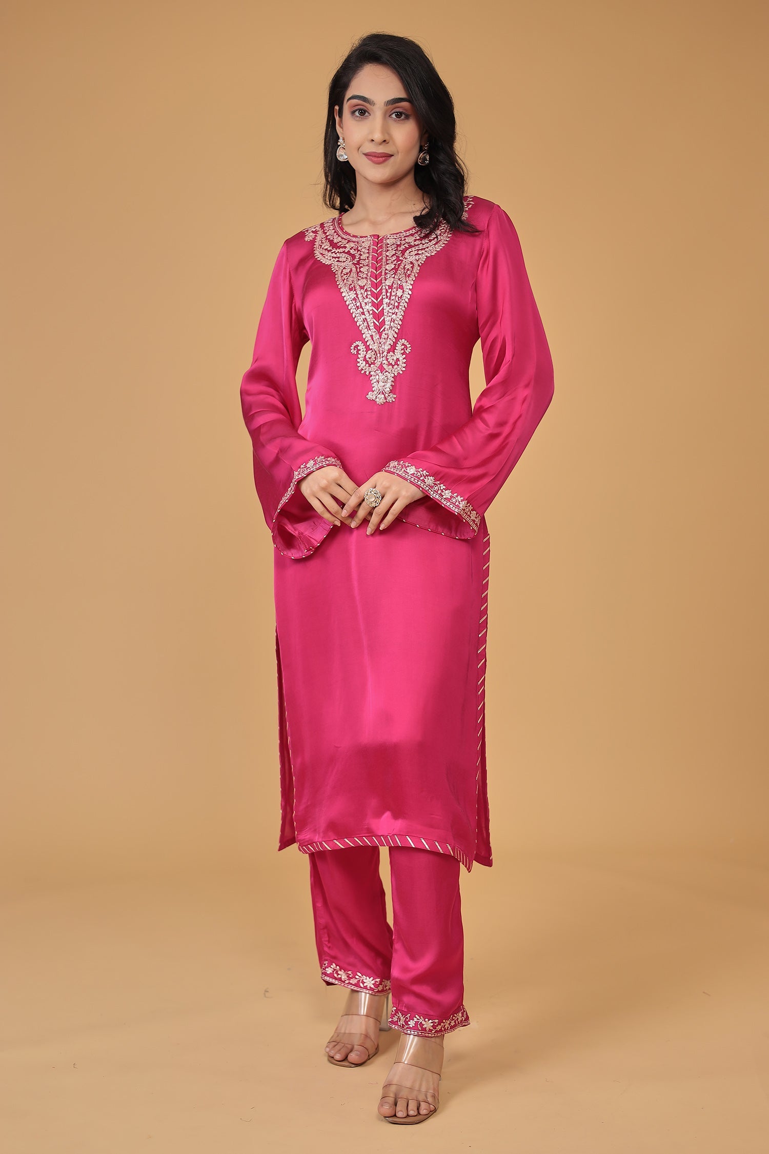 Satin Silk Suit Embroidered with Pittan work