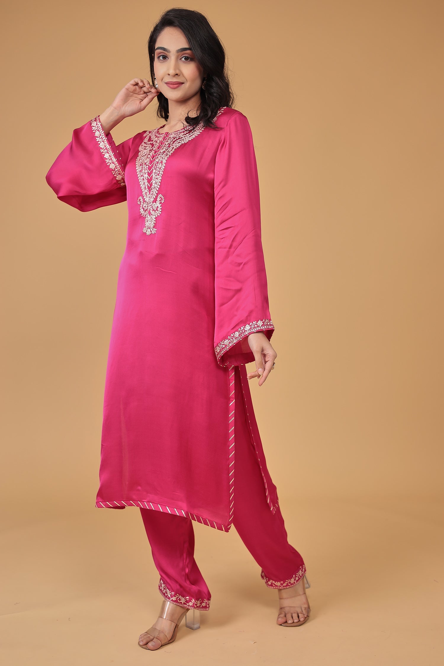 Satin Silk Suit Embroidered with Pittan work