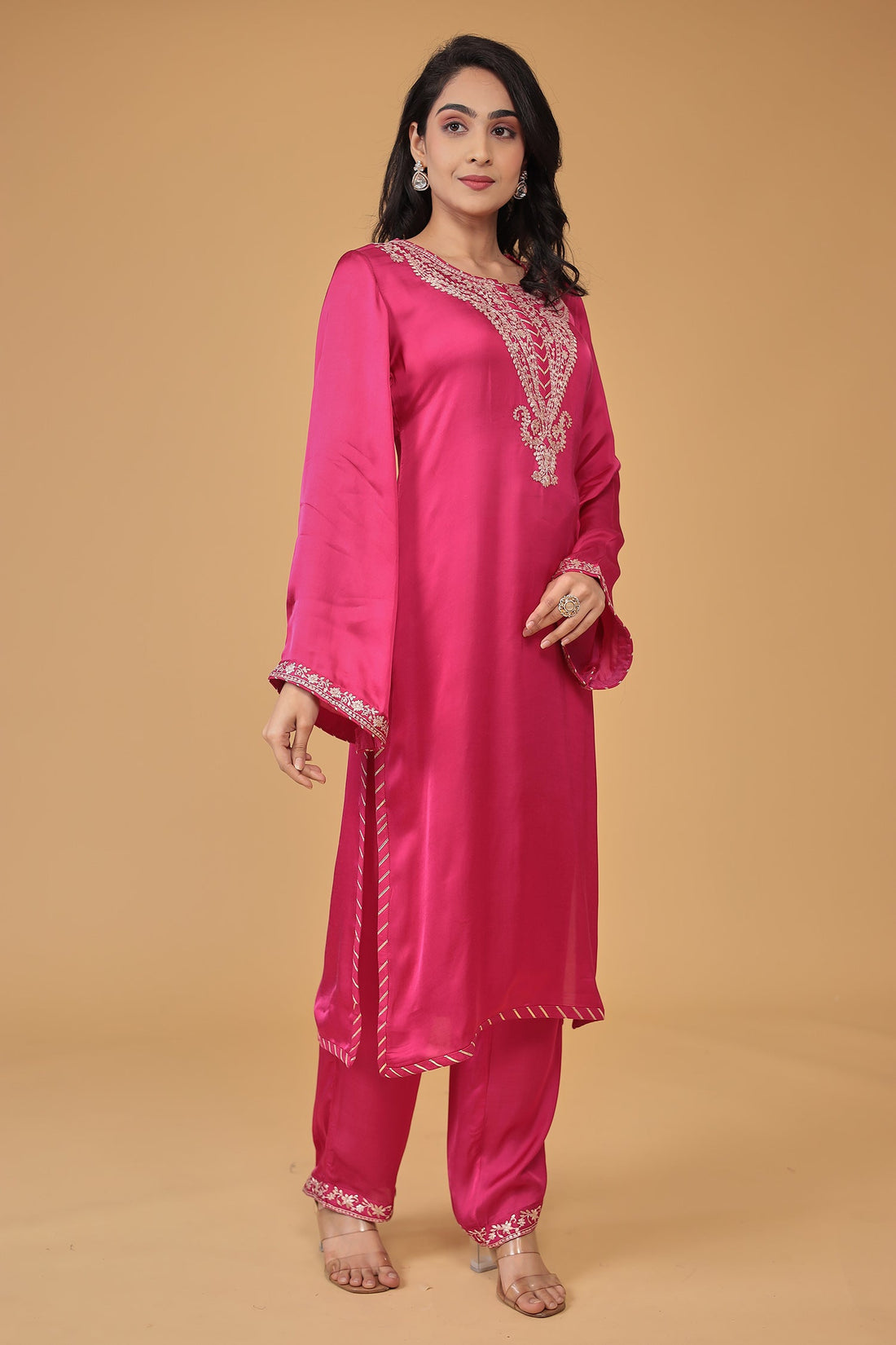 Satin Silk Suit Embroidered with Pittan work
