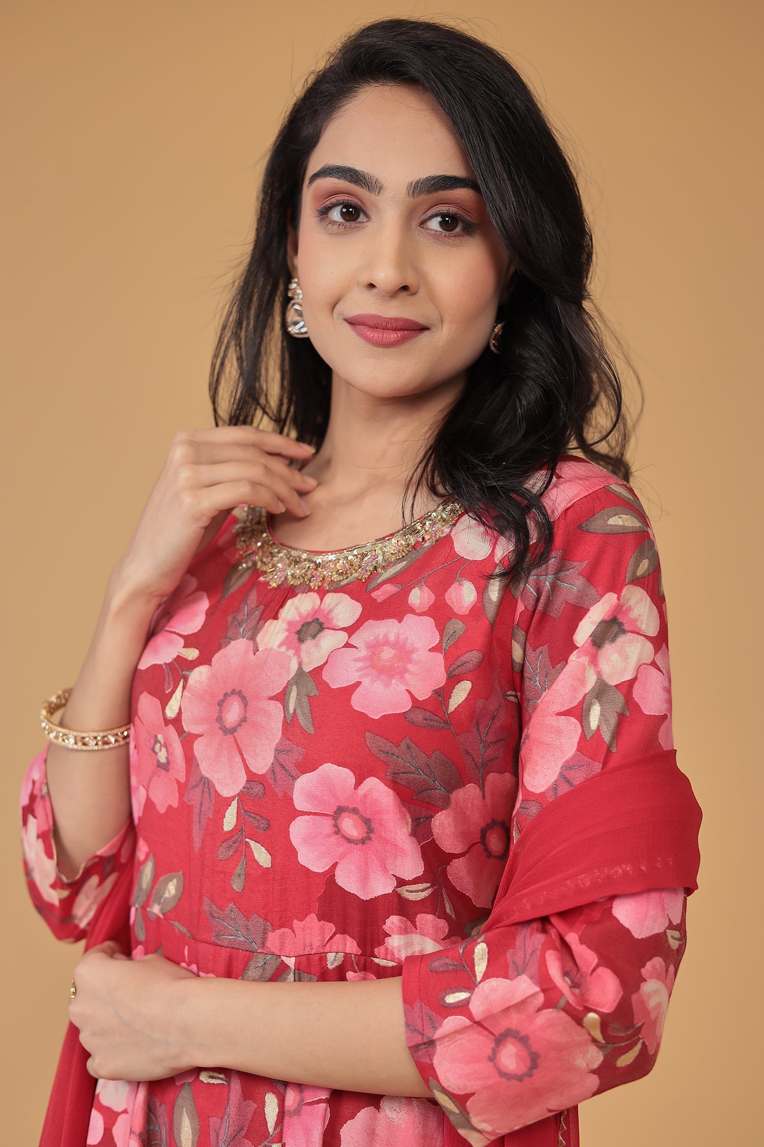 Printed Silk Blend Kurta Set Stitched with Embellished work