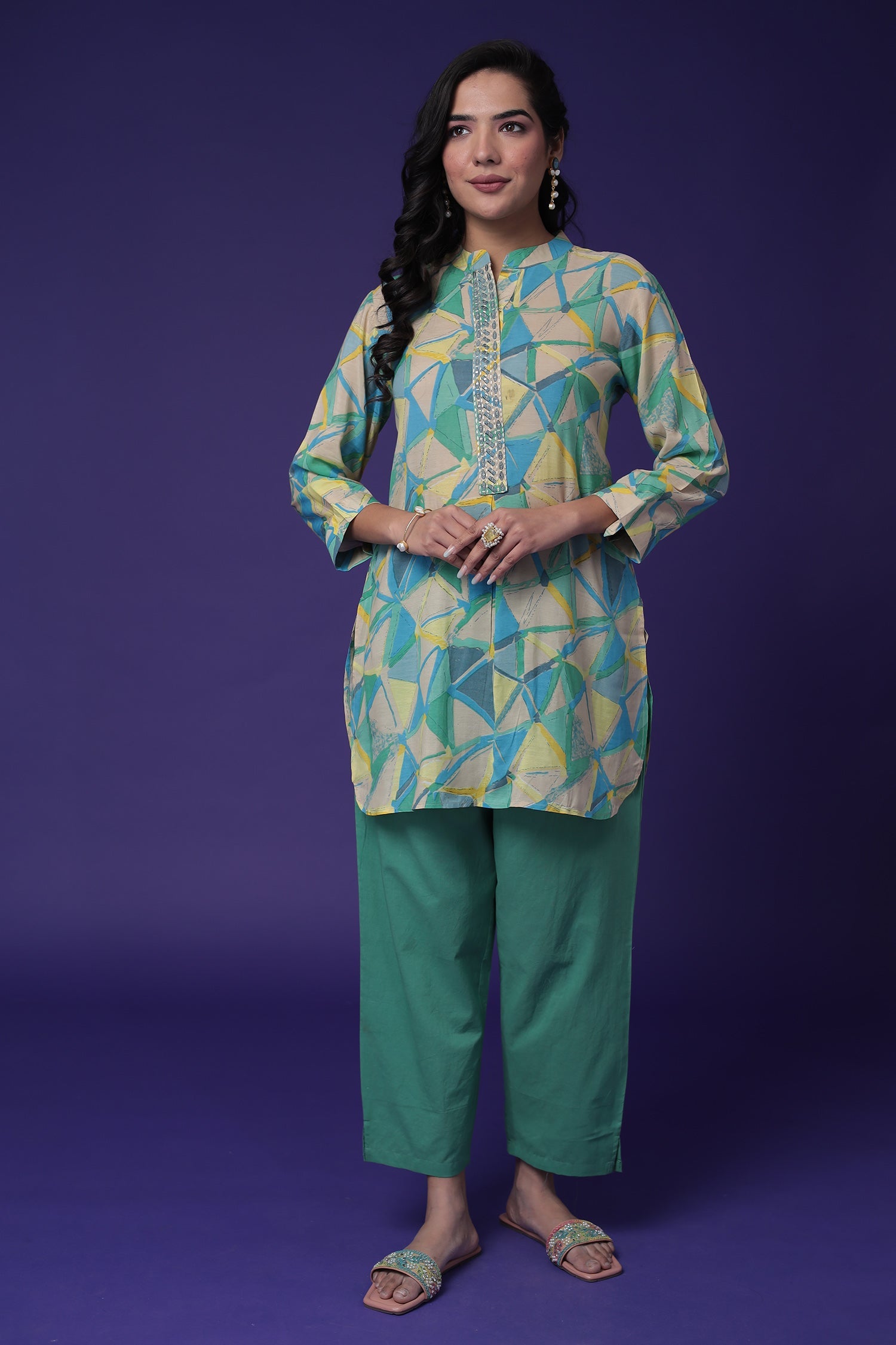 Printed Cotton Kurta Set Stitched with Embroidered work