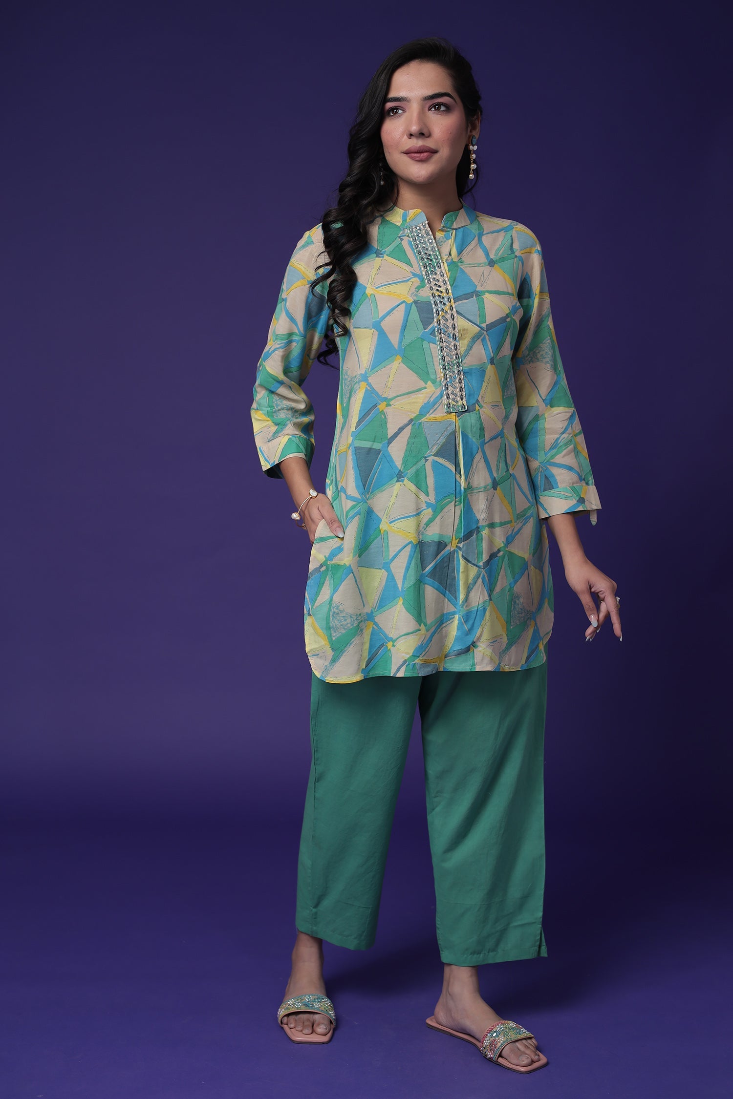 Printed Cotton Kurta Set Stitched with Embroidered work