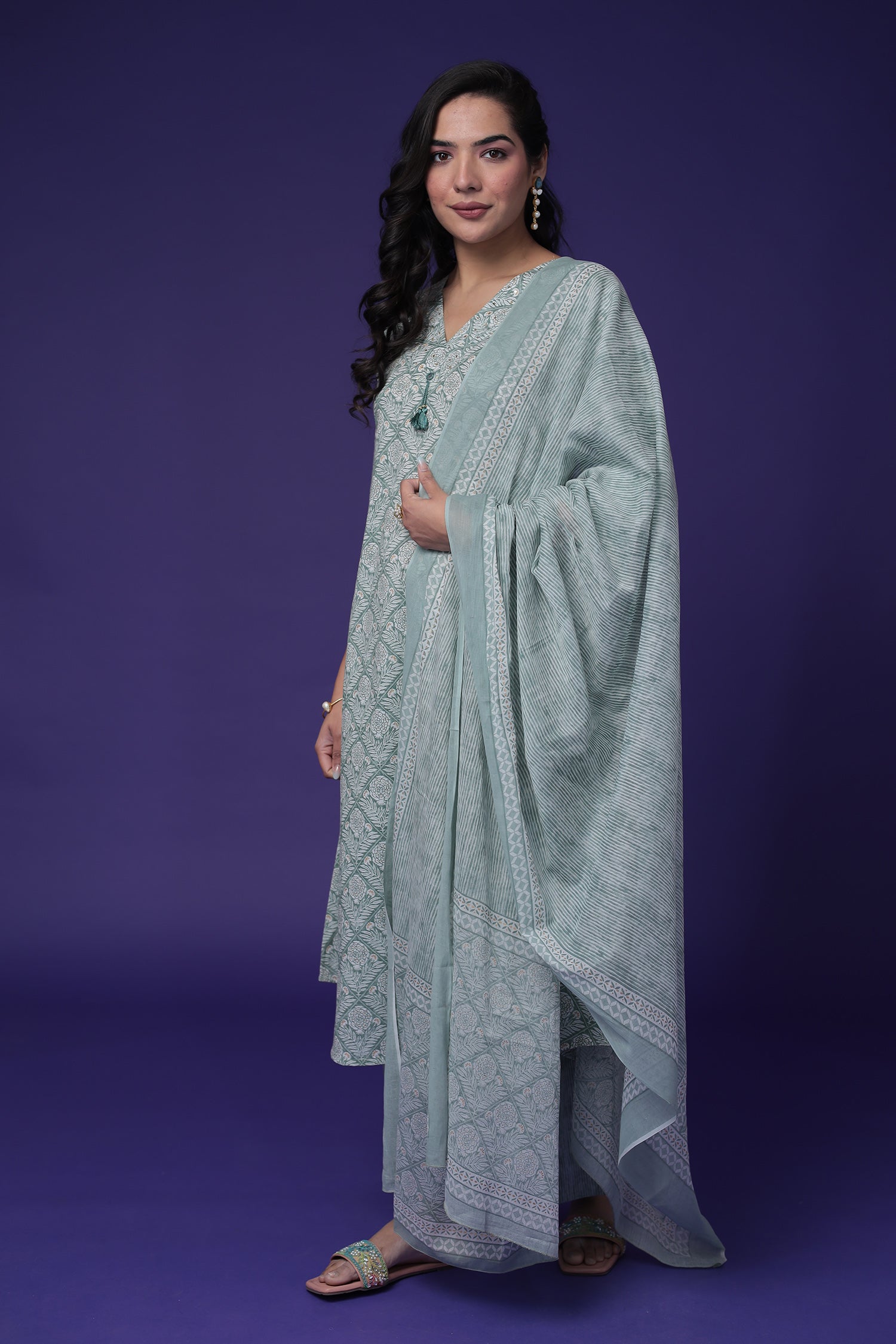 Printed Cotton Kurta Set Stitched with Embroidered work