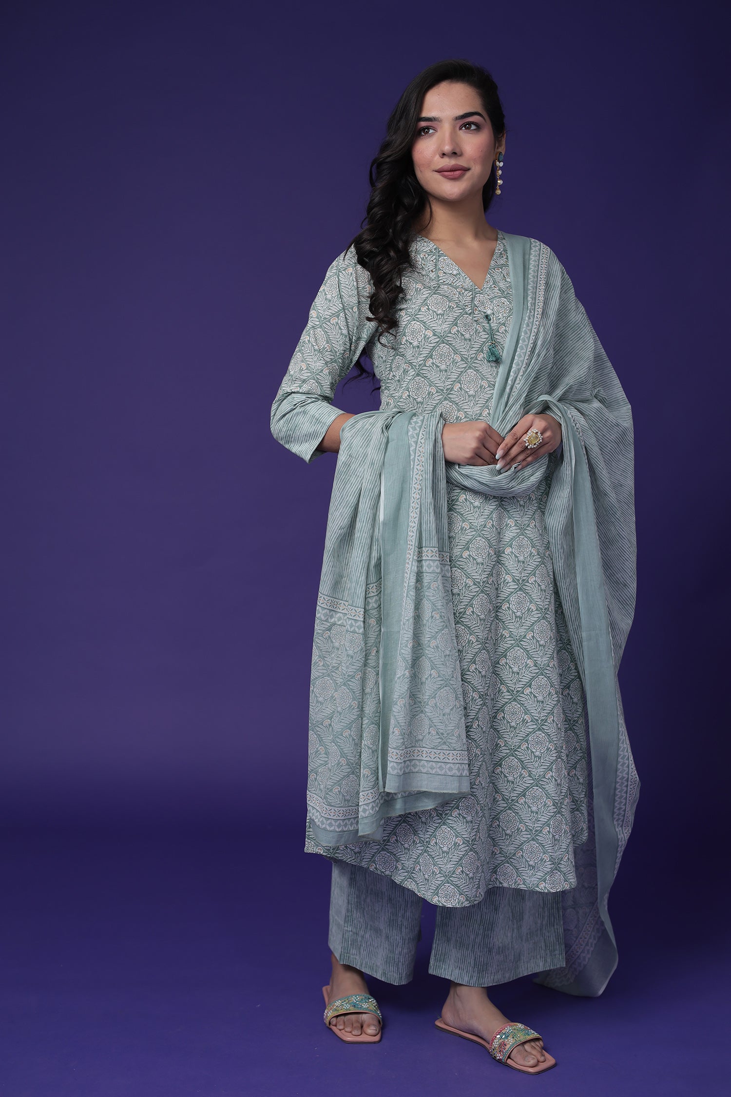Printed Cotton Kurta Set Stitched with Embroidered work