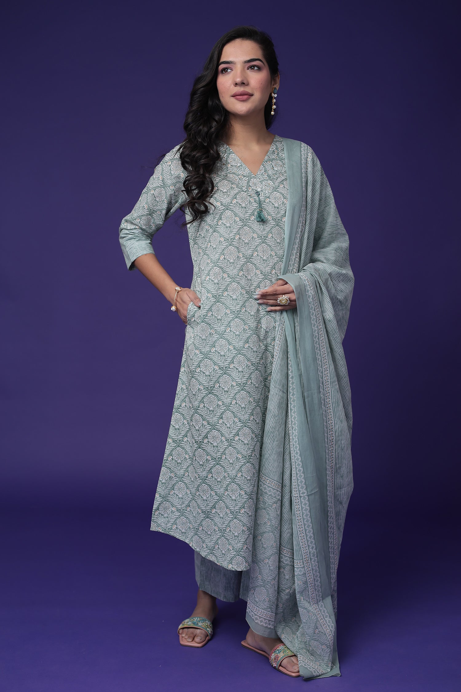 Printed Cotton Kurta Set Stitched with Embroidered work