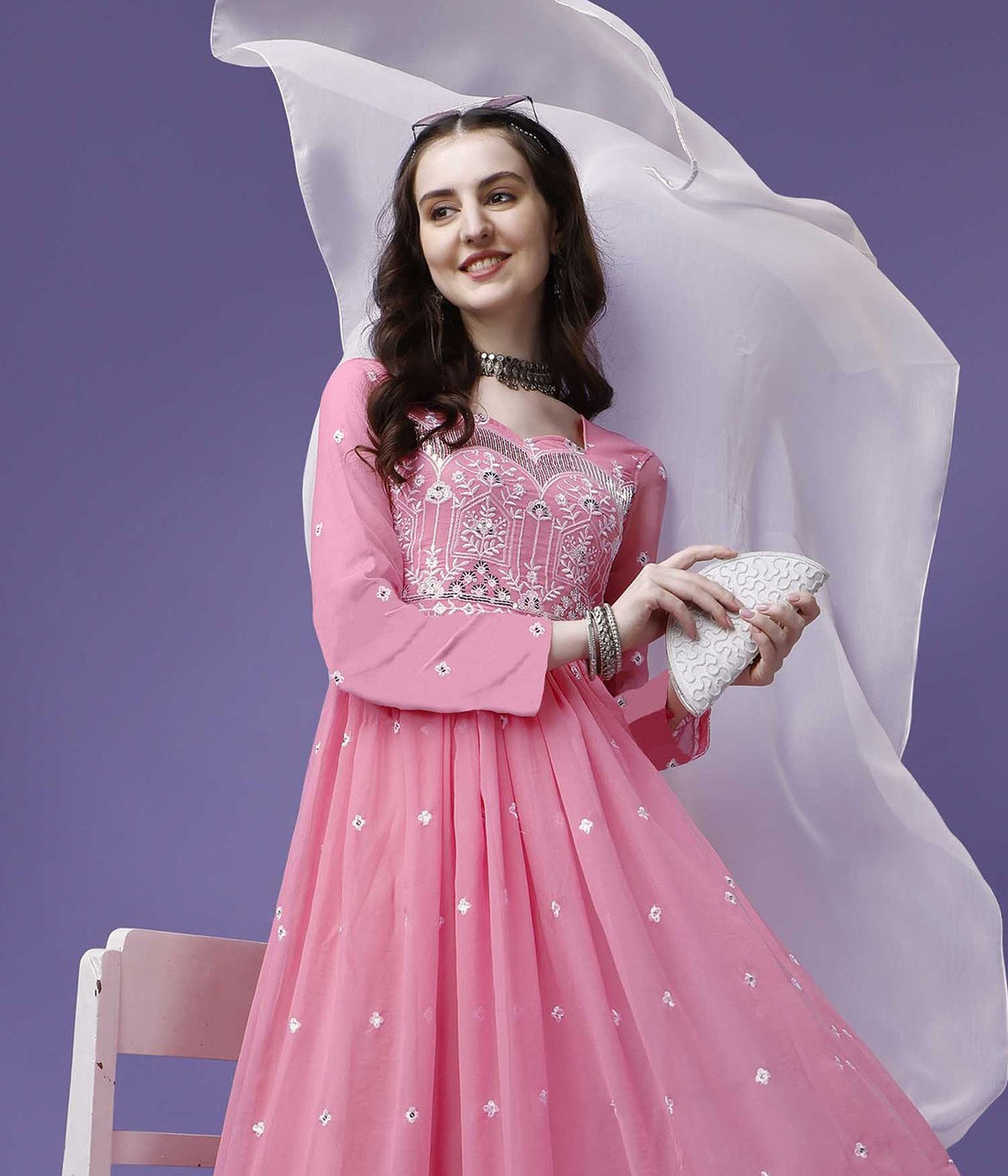 Royal Pink  Embroidered Georgette Stitched Anarkali Gown With Dupatta