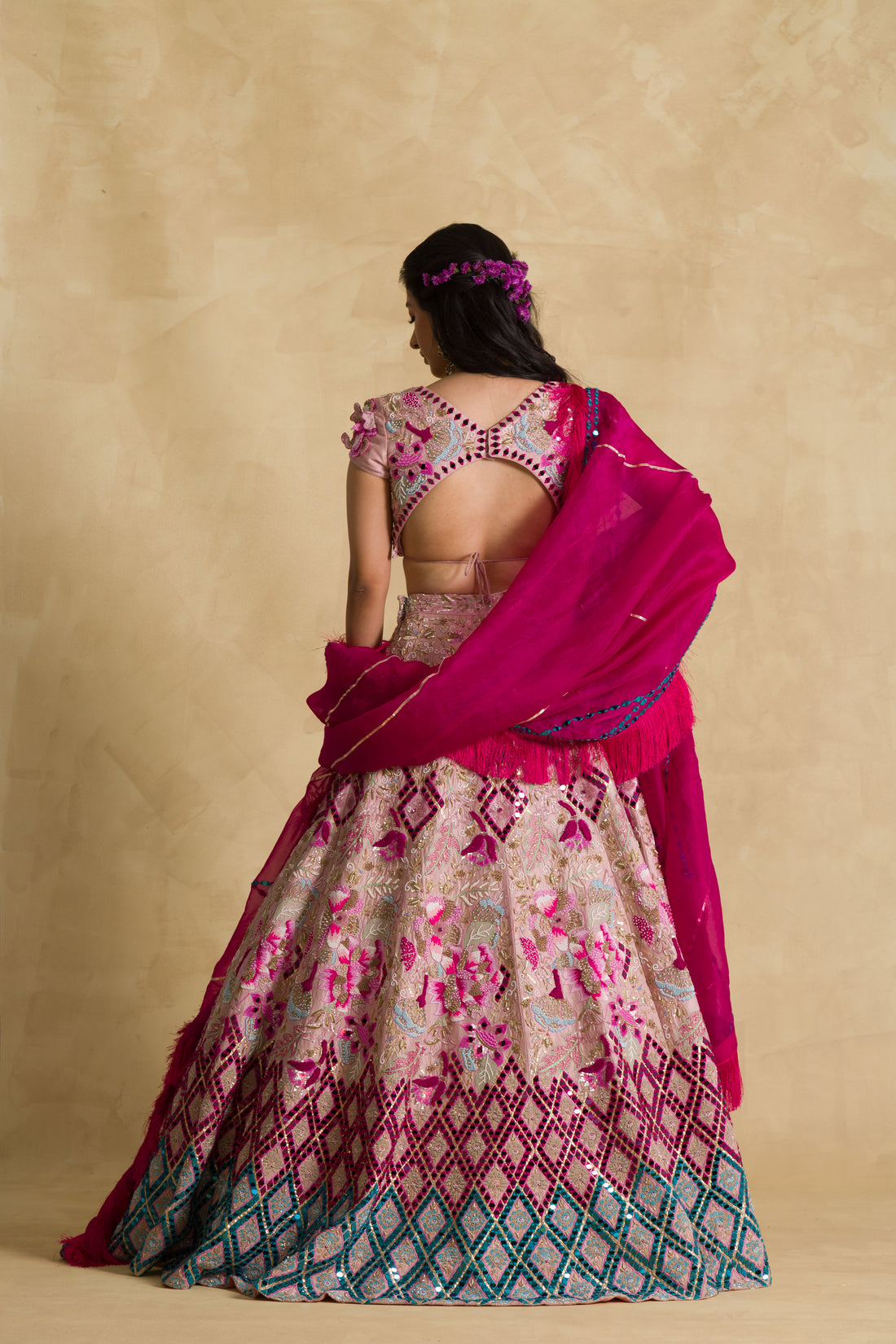 Bandhej Silk Lehenga Embroidered with Gota Patti work