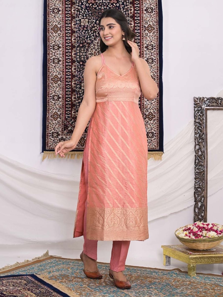 Peach Banarasi Silk Straight Kurti and Pant with Organza Dupatta