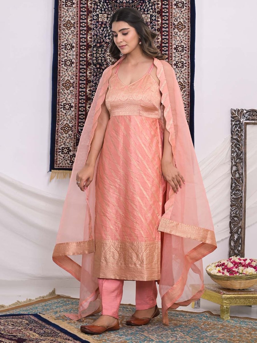 Peach Banarasi Silk Straight Kurti and Pant with Organza Dupatta