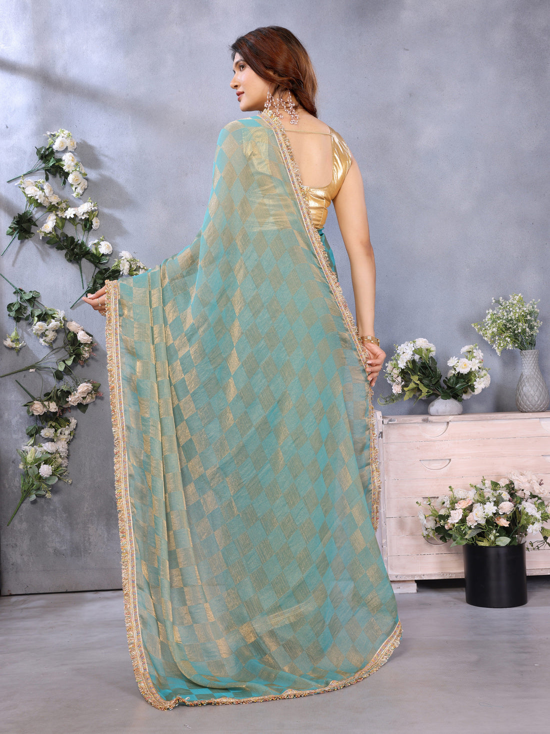 Chiffon Checks with Sequin Embroidery Border