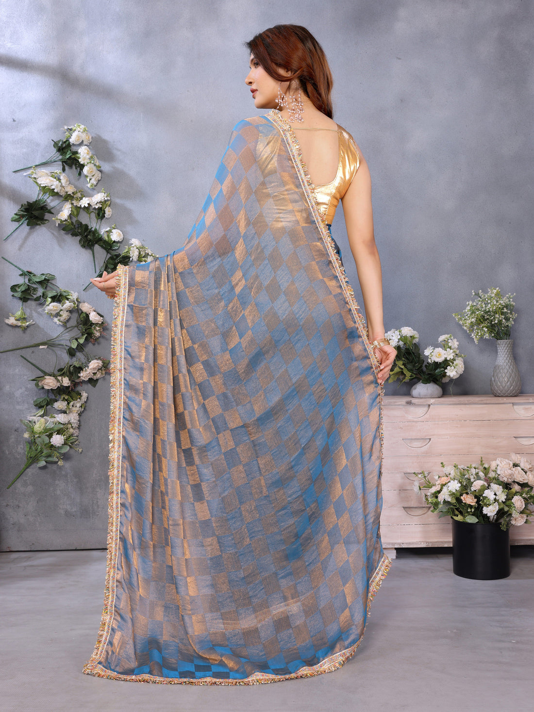 Chiffon Checks with Sequin Embroidery Border