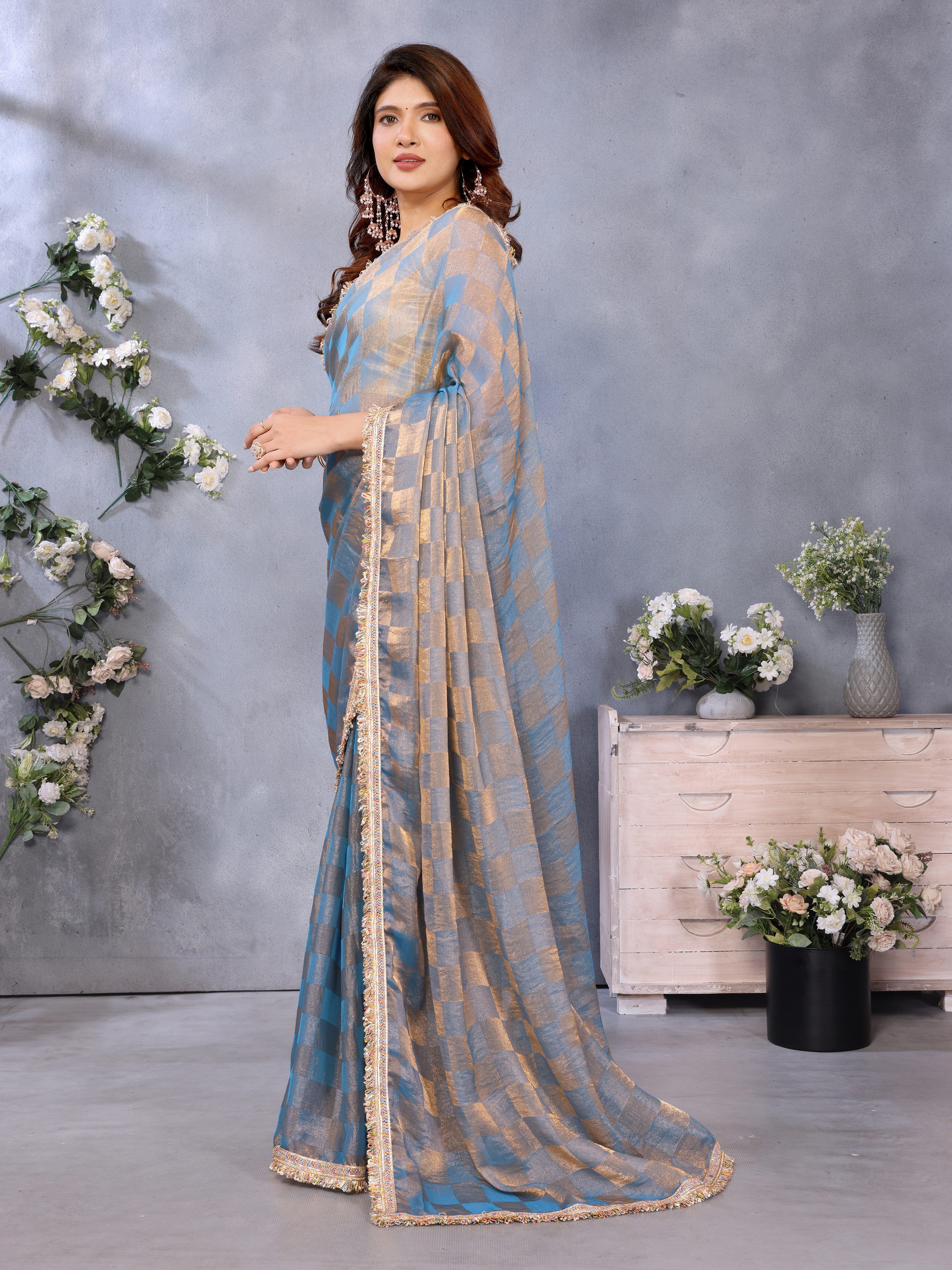 Chiffon Checks with Sequin Embroidery Border