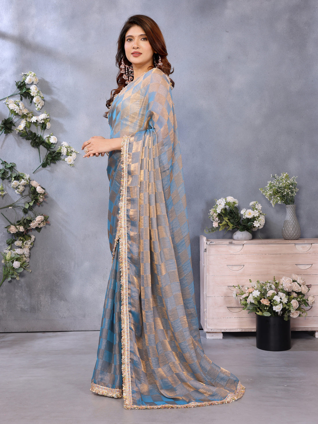 Chiffon Checks with Sequin Embroidery Border