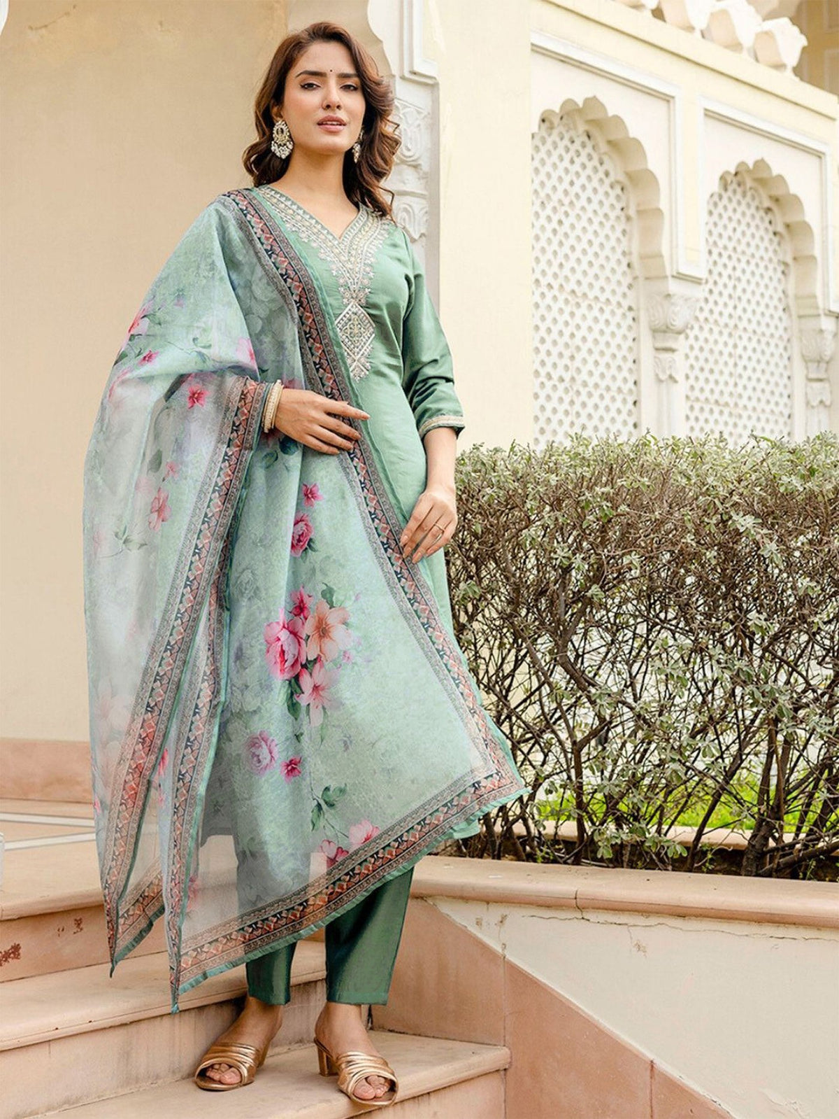 Teal-Green Satin Silk Kurta Set with Floral Dupatta