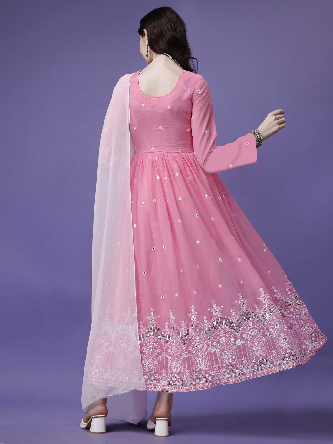 Royal Pink  Embroidered Georgette Stitched Anarkali Gown With Dupatta