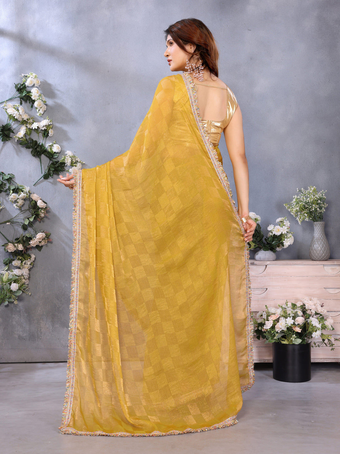 Chiffon Checks with Sequin Embroidery Border