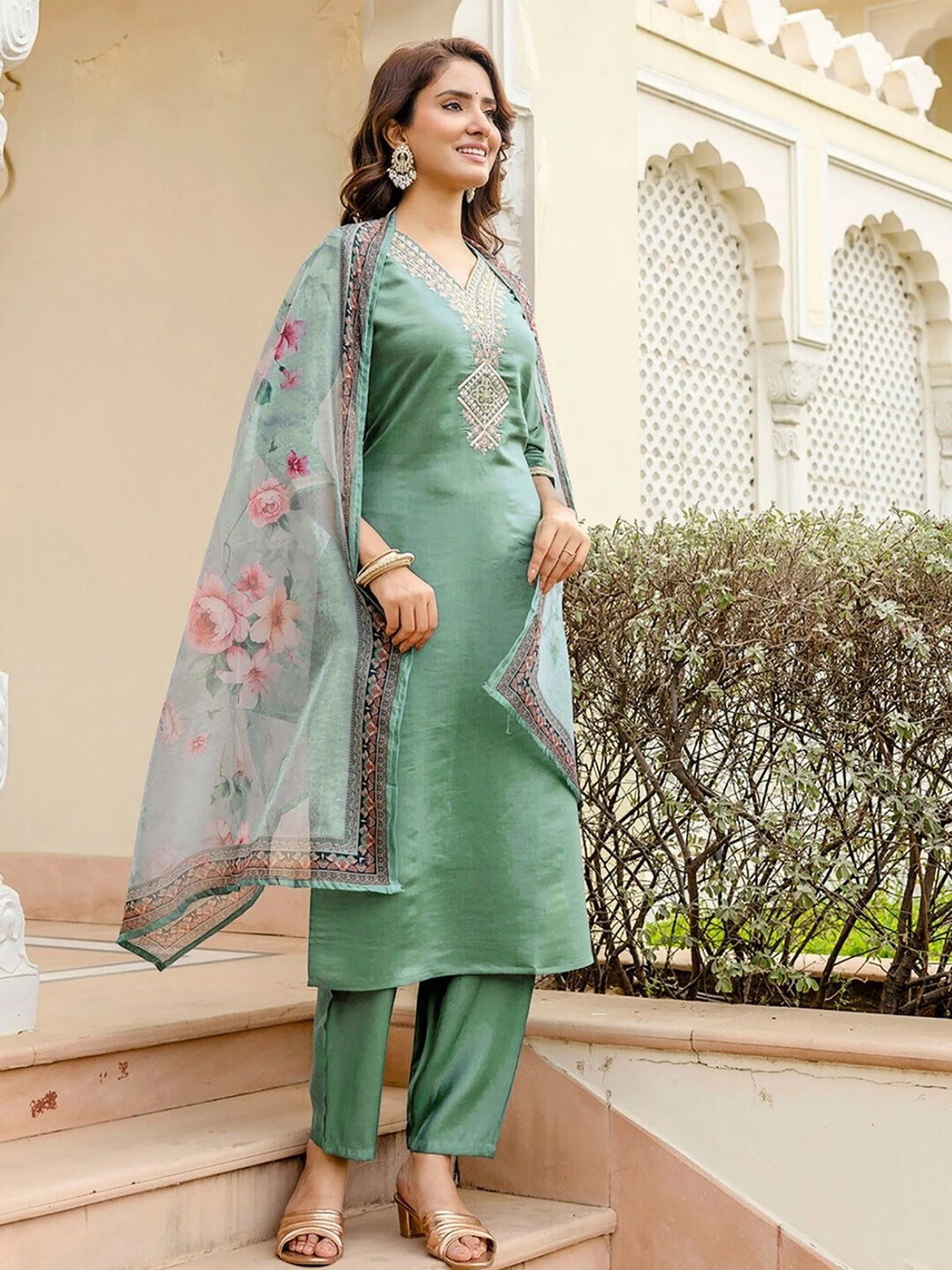 Teal-Green Satin Silk Kurta Set with Floral Dupatta