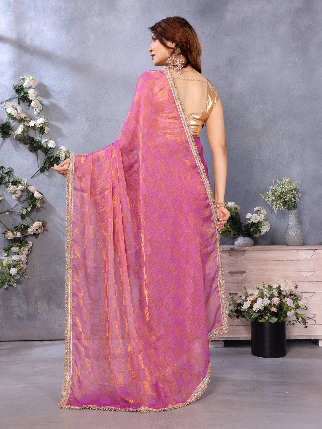 Chiffon Checks with Sequin Embroidery Border