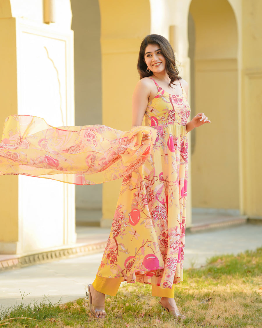 Yellow Floral Anarkali Suit Set