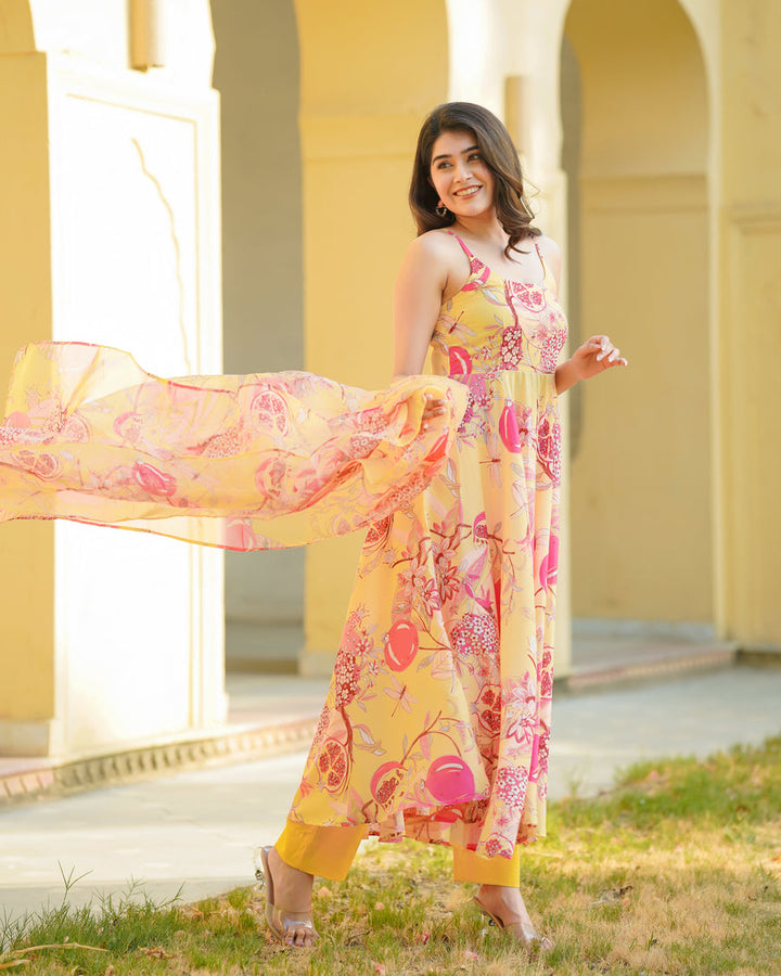 Yellow Floral Anarkali Suit Set