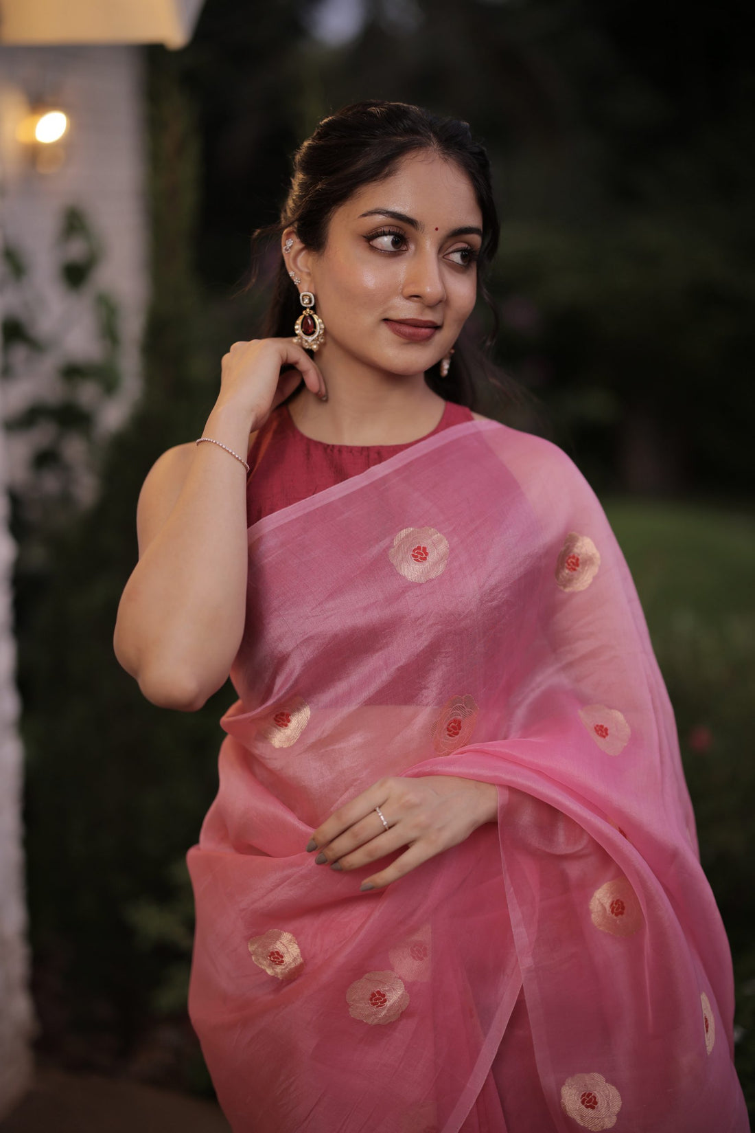 Pure Kora Silk Saree with Kadhwa & Meenakari Weaving – Pink & Red