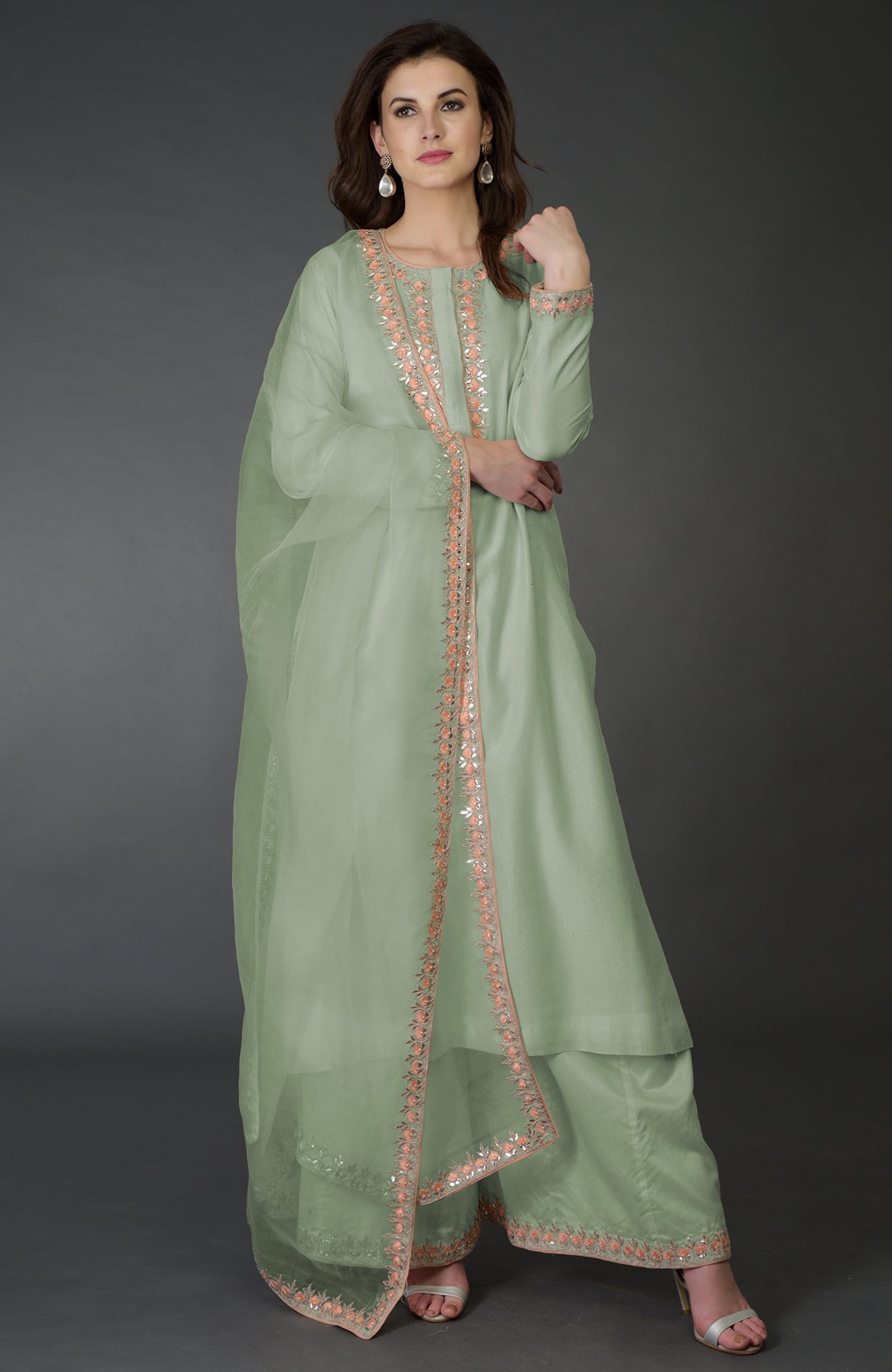 Ivory Resham Gota Patti and Pearl Beads Farshi Palazzo Suit