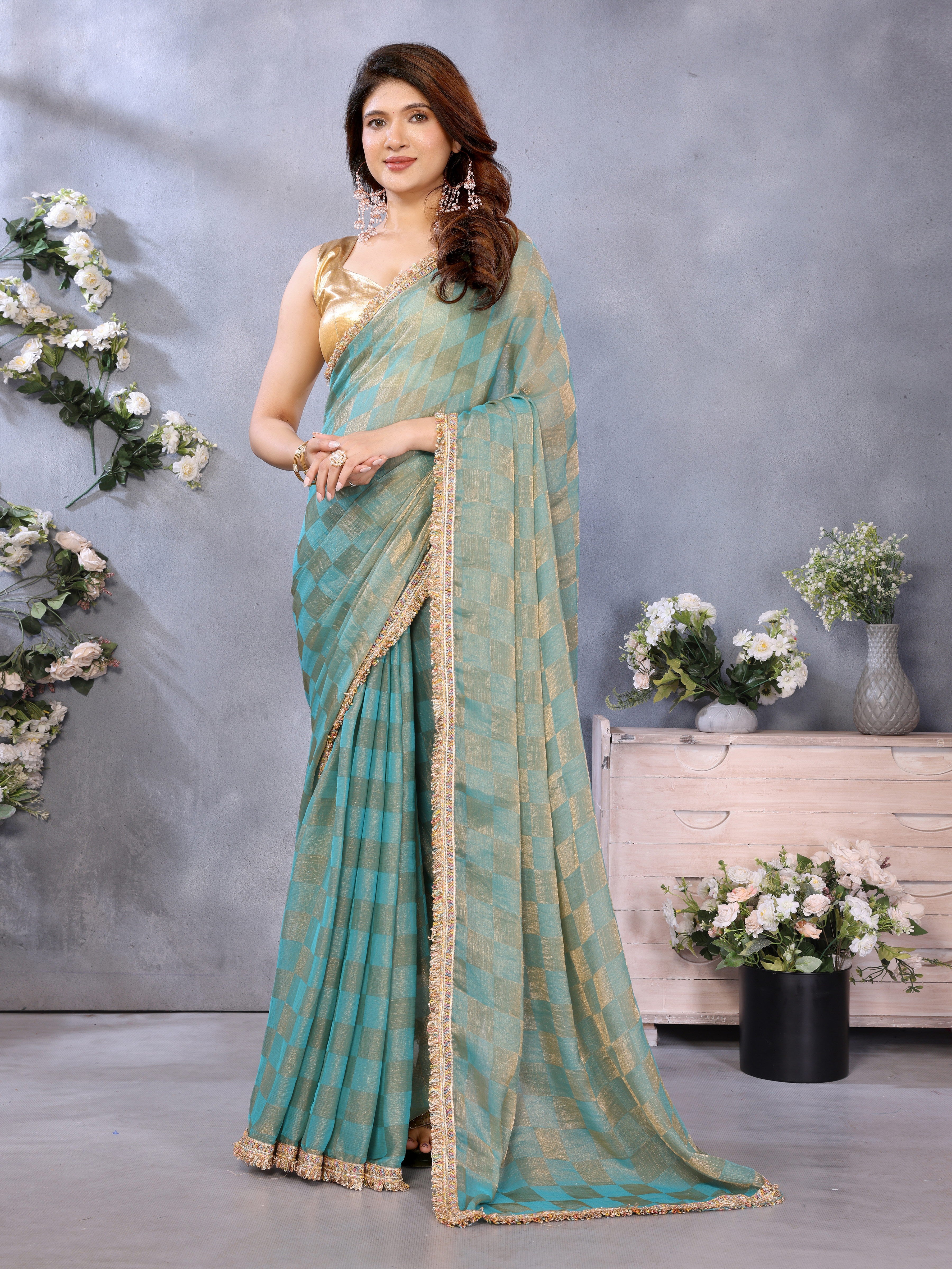 Chiffon Checks with Sequin Embroidery Border