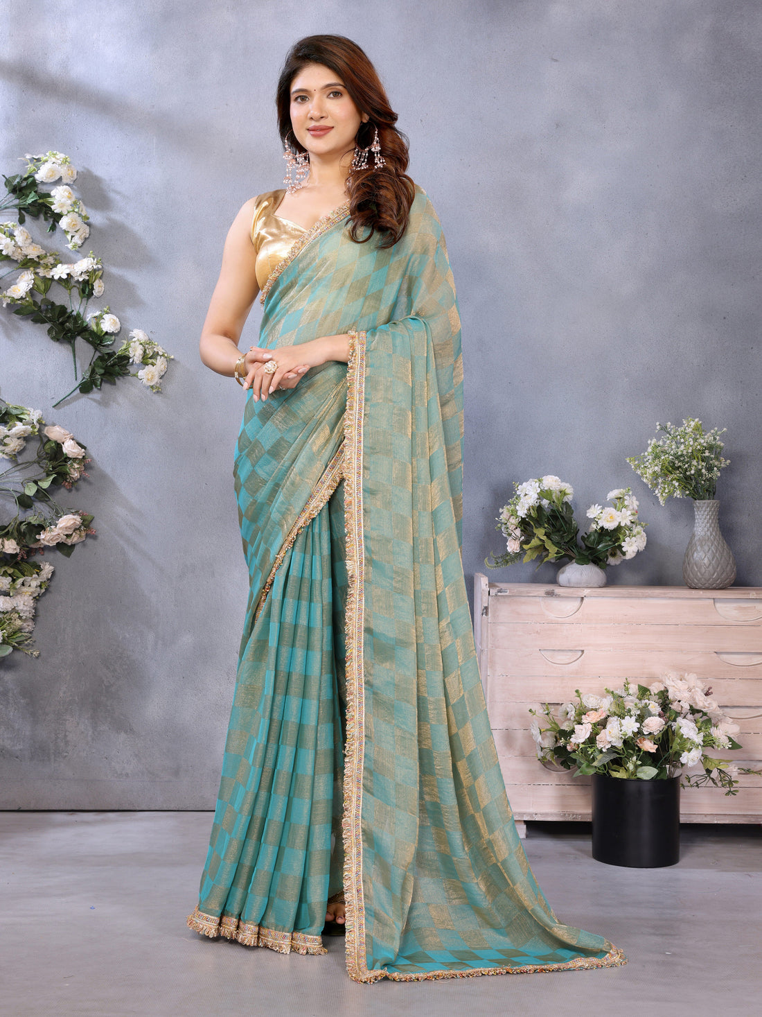 Chiffon Checks with Sequin Embroidery Border