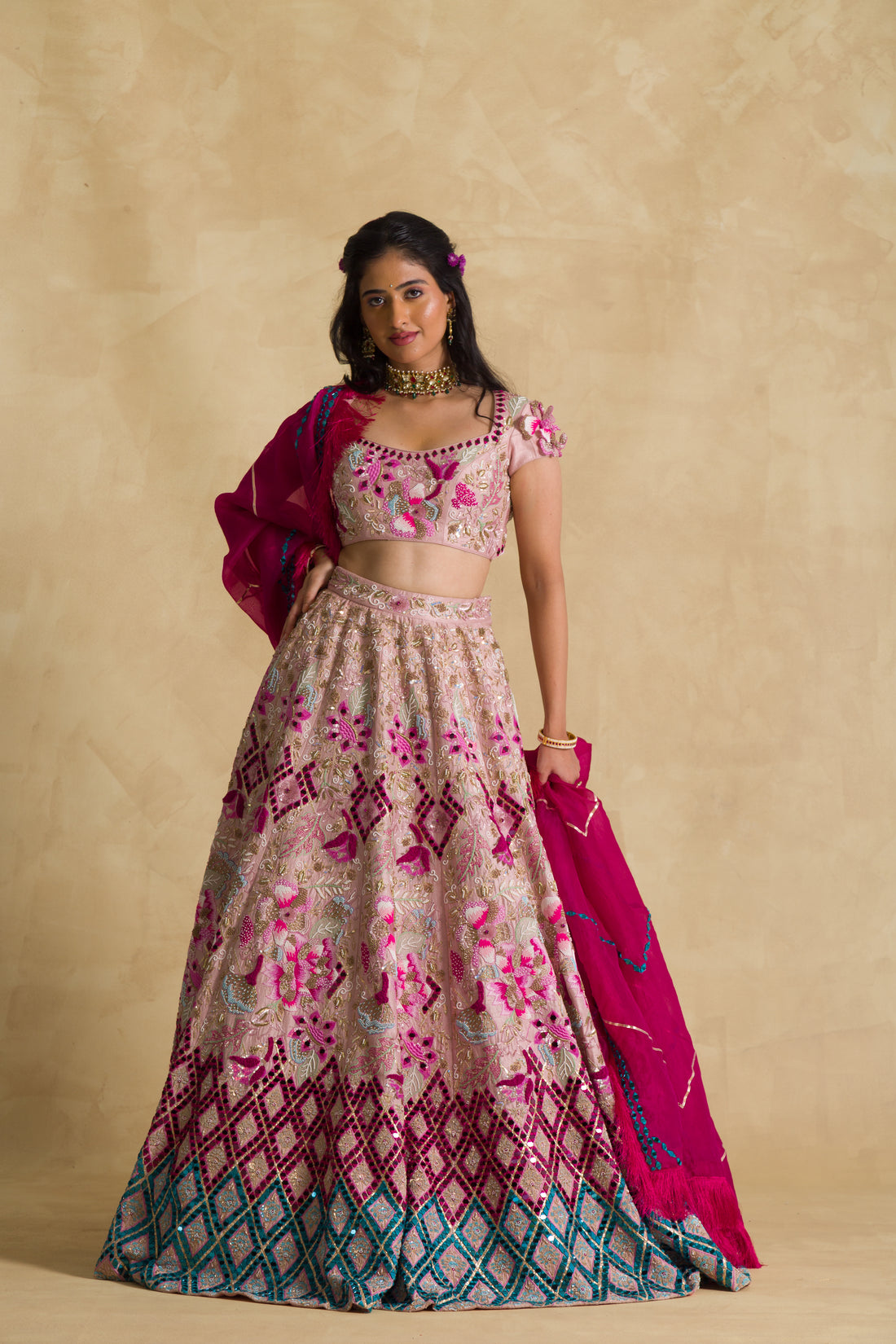 Bandhej Silk Lehenga Embroidered with Gota Patti work