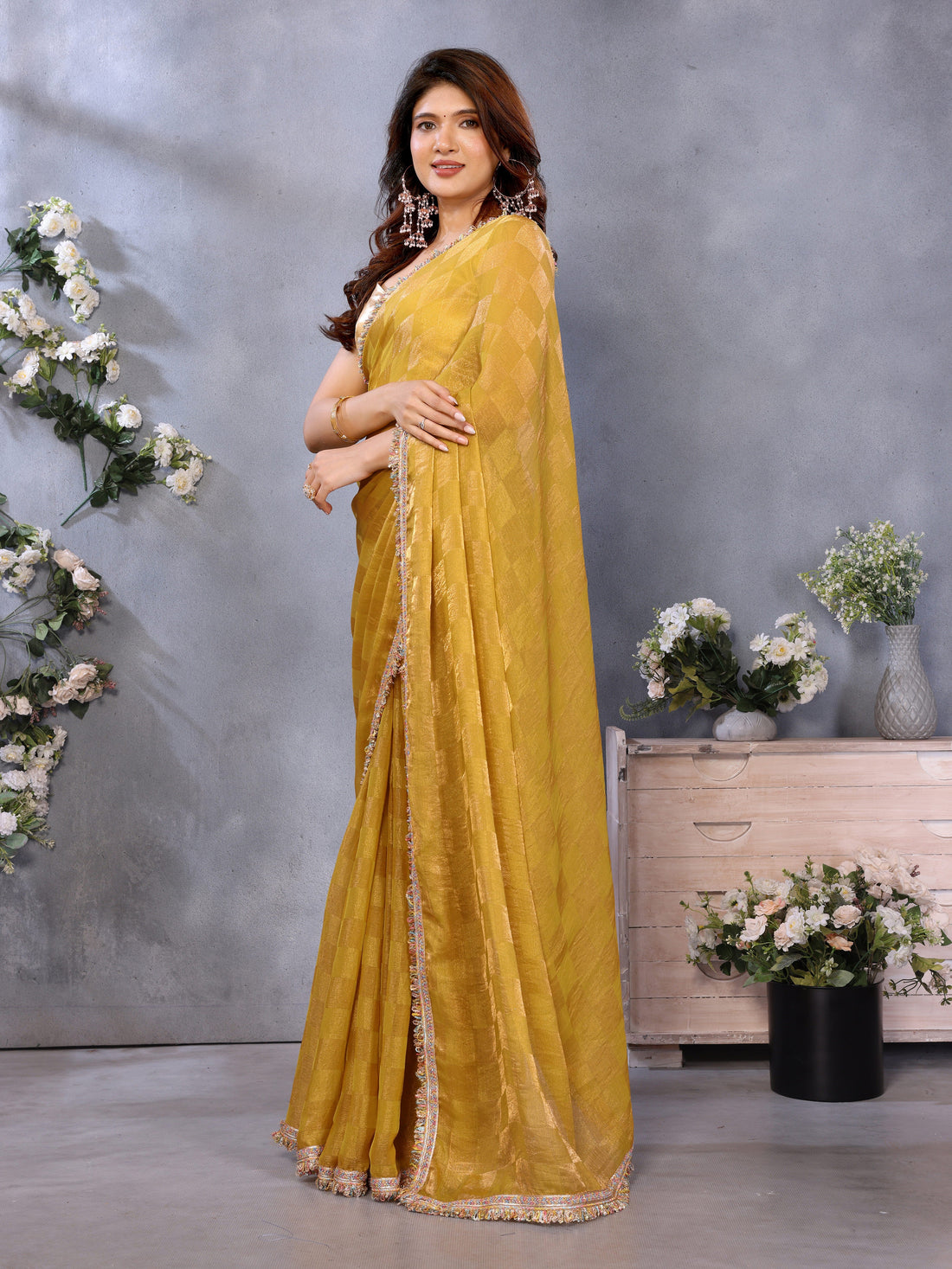 Chiffon Checks with Sequin Embroidery Border