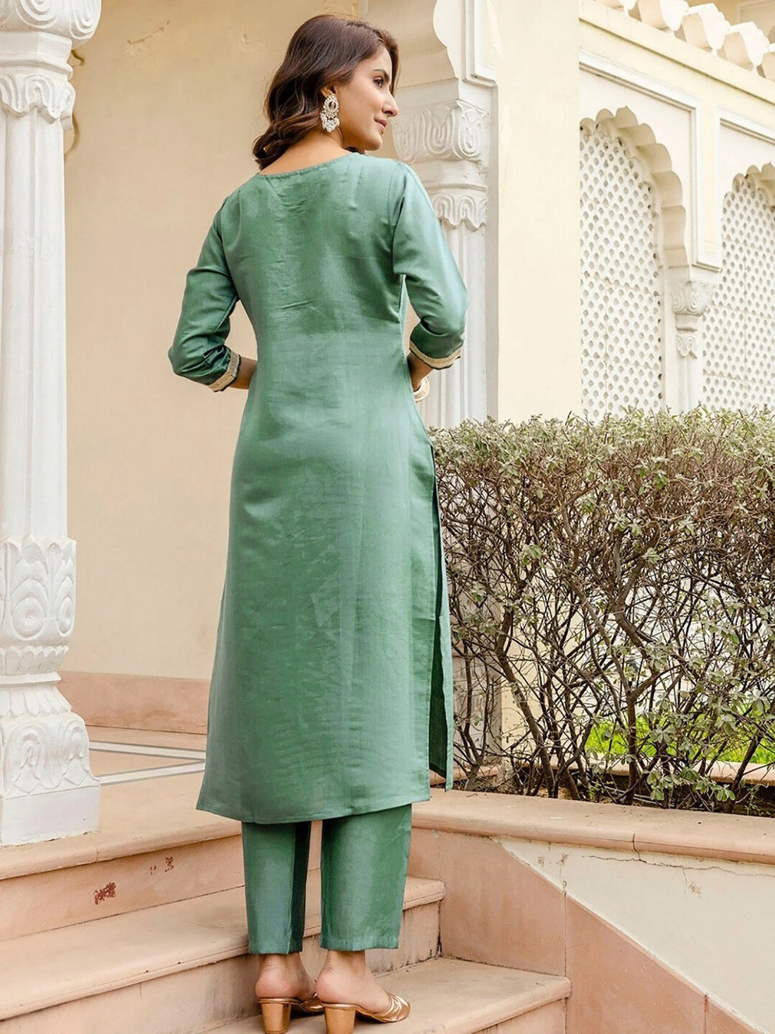 Teal-Green Satin Silk Kurta Set with Floral Dupatta