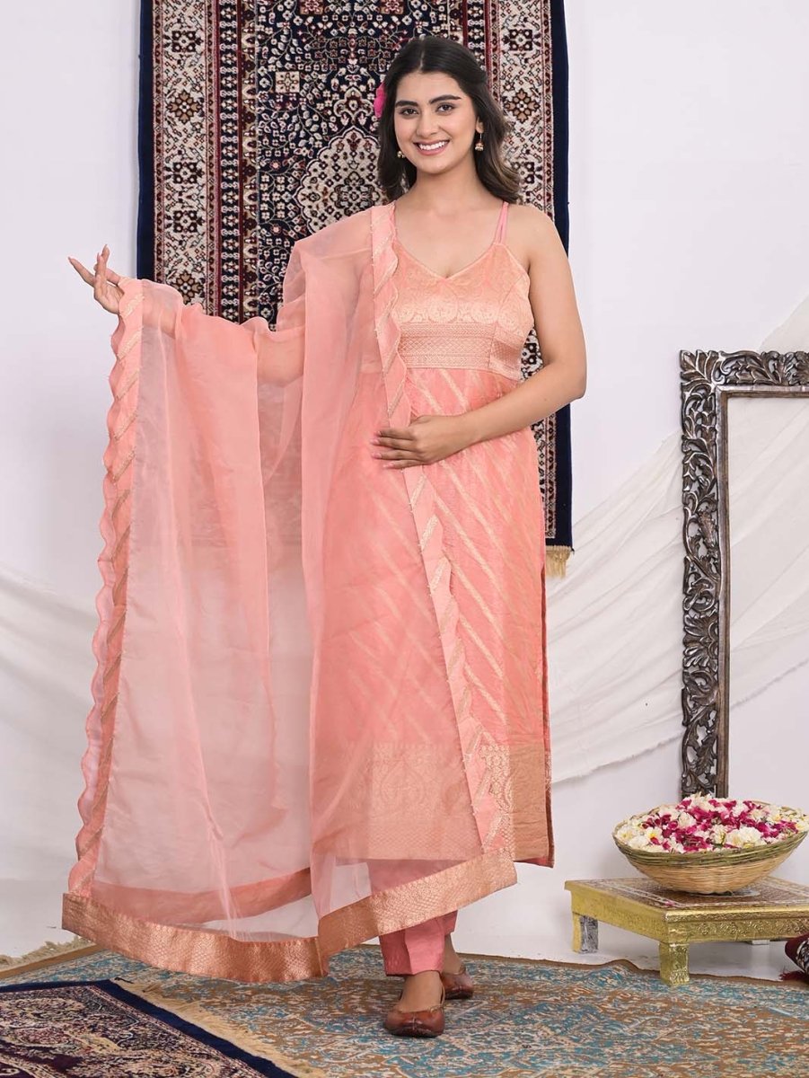 Peach Banarasi Silk Straight Kurti and Pant with Organza Dupatta