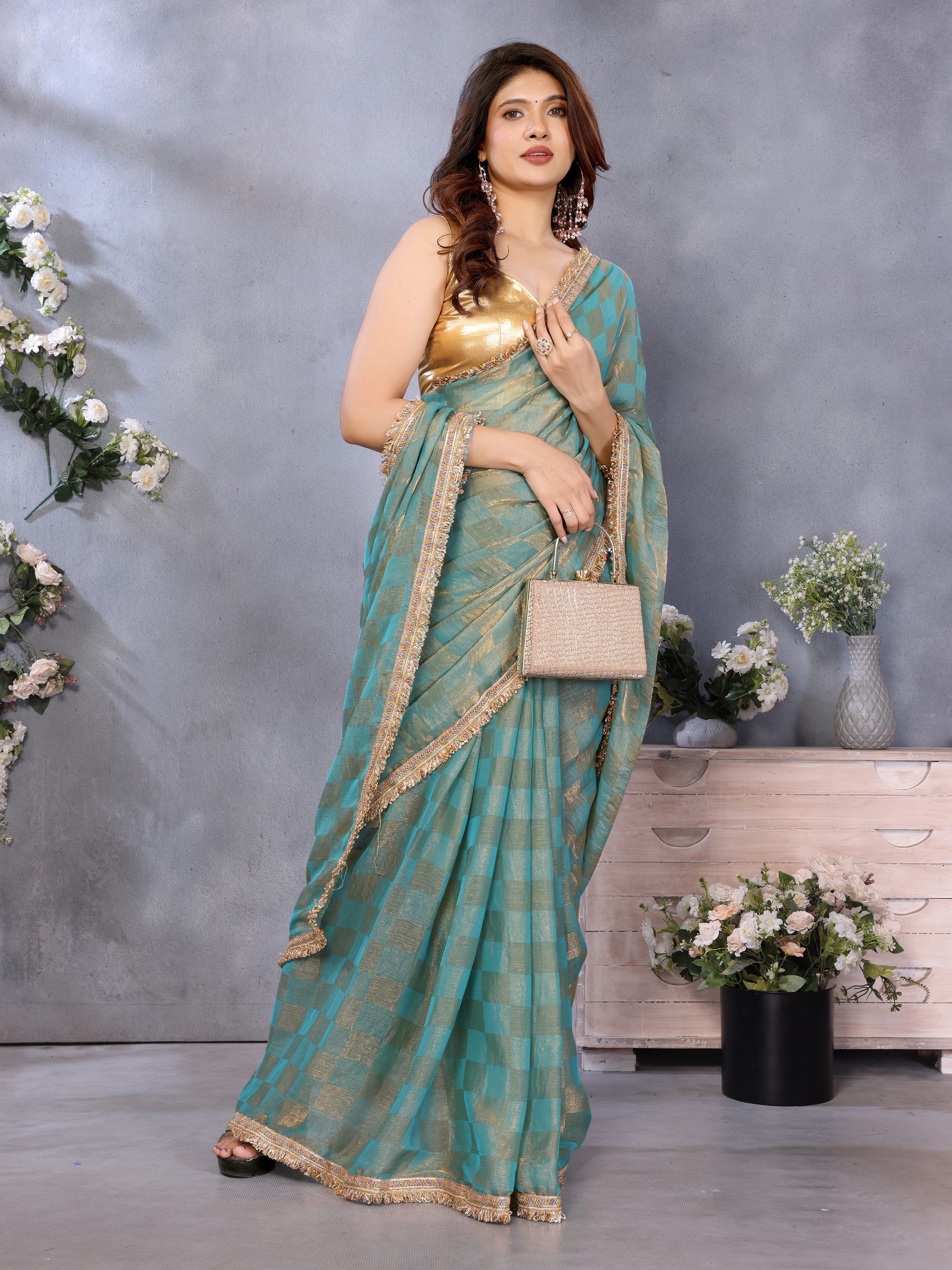 Chiffon Checks with Sequin Embroidery Border