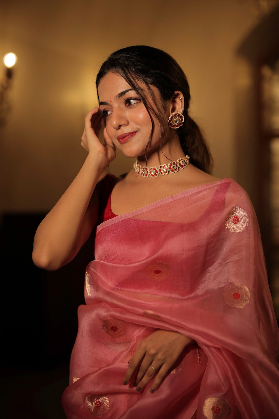 Pure Kora Silk Saree with Kadhwa & Meenakari Weaving – Pink & Red