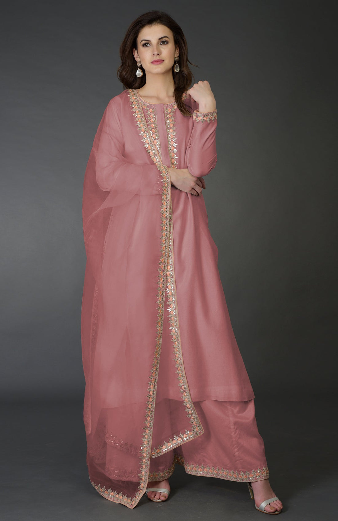 Ivory Resham Gota Patti and Pearl Beads Farshi Palazzo Suit