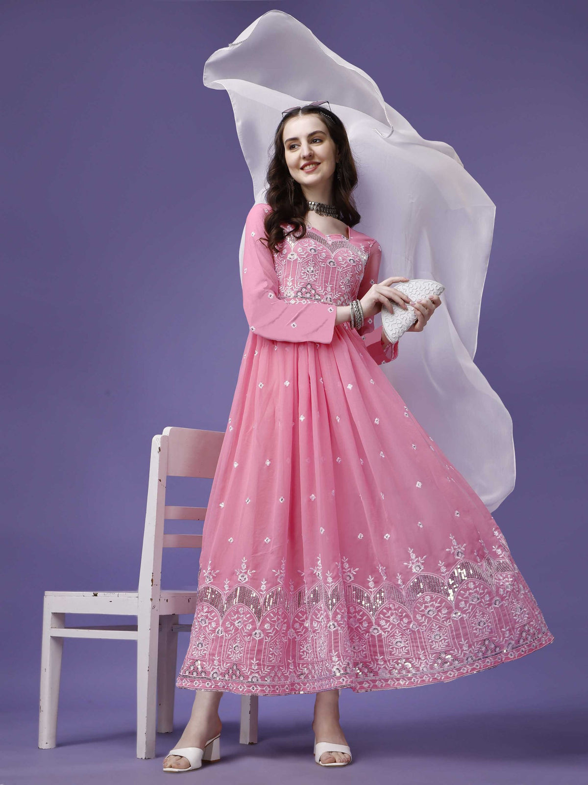 Royal Pink  Embroidered Georgette Stitched Anarkali Gown With Dupatta