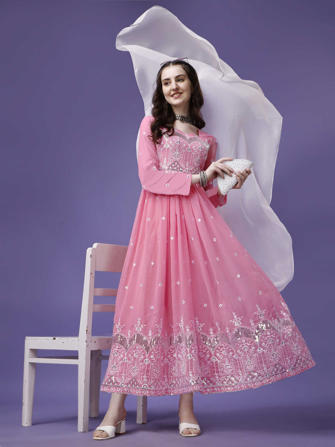 Royal Pink  Embroidered Georgette Stitched Anarkali Gown With Dupatta