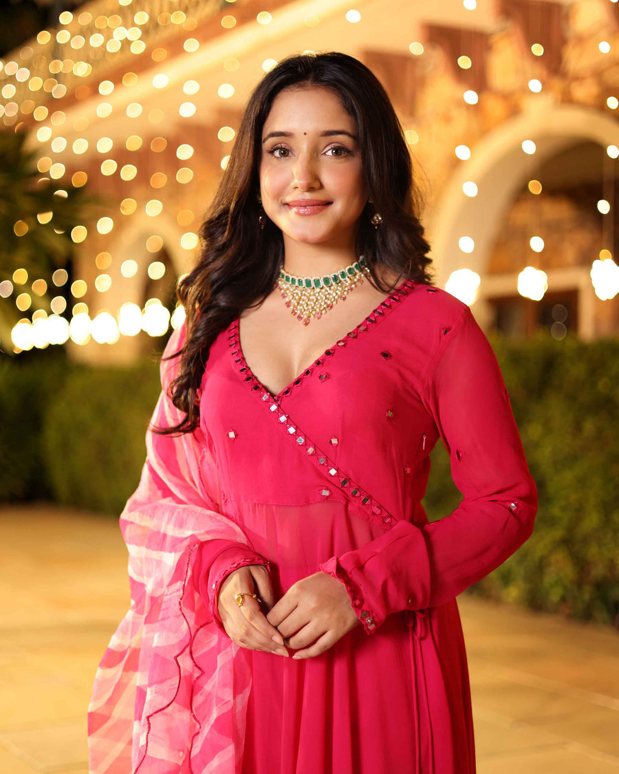 Anarkali Leheriya Organza Suit with Gota Patti and Mirror work