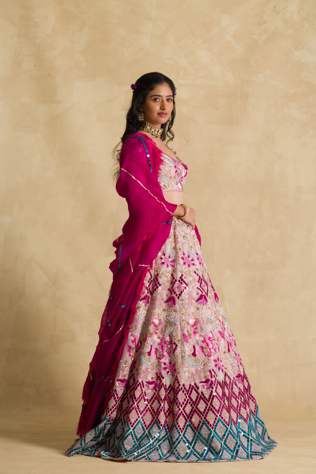Bandhej Silk Lehenga Embroidered with Gota Patti work