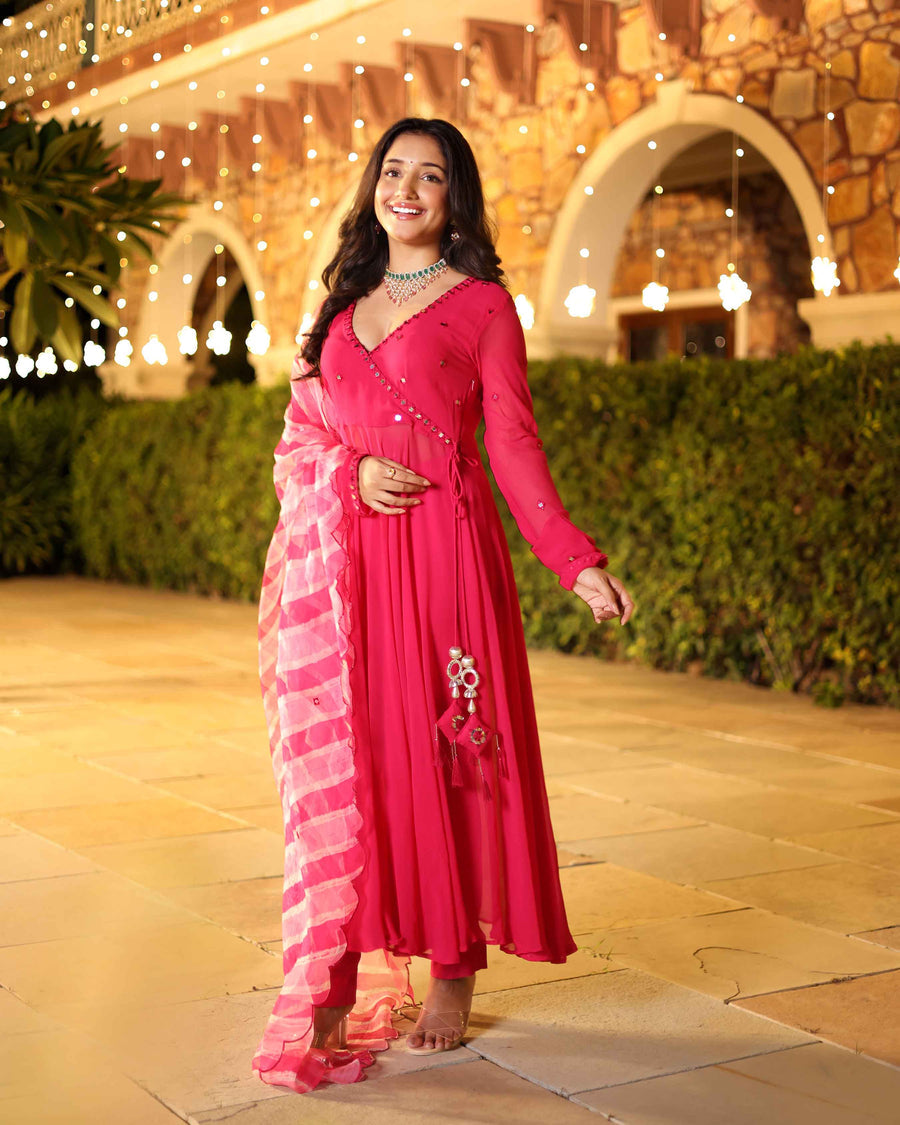 Anarkali Leheriya Organza Suit with Gota Patti and Mirror work